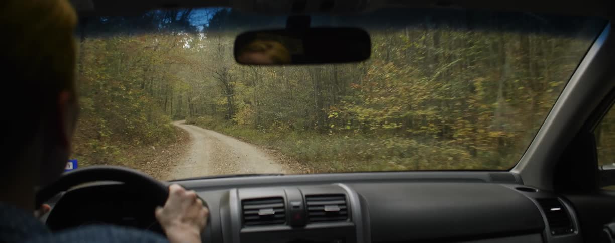 A person is driving a vehicle on a dirt road through a forest
