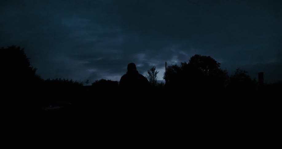 Silhouette of a person walking outside in the country at night