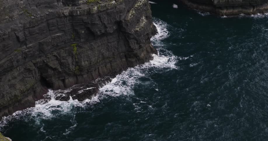 Waves crash against the base of cliffs