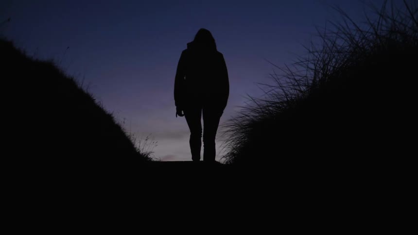 A person walks up a grassy hill at dusk
