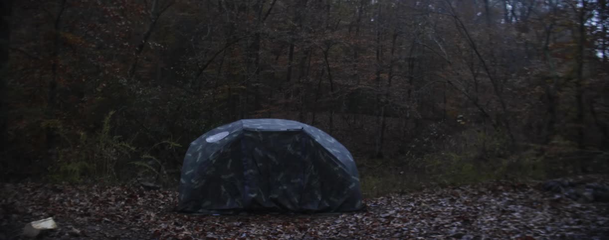 A large tent sits on the dead leaves
