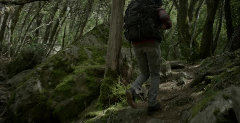 Man wearing a backpack hikes thorough rocky woods