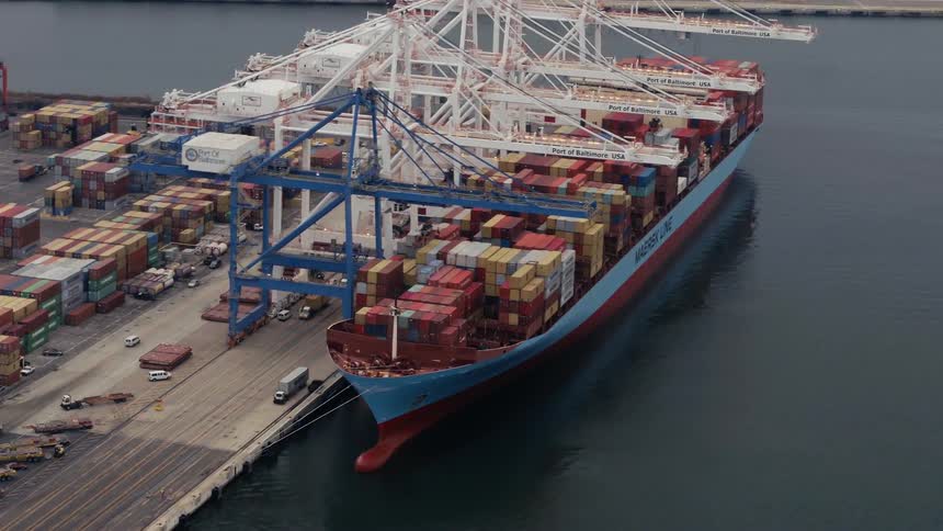 A large freight ship is full of cargo