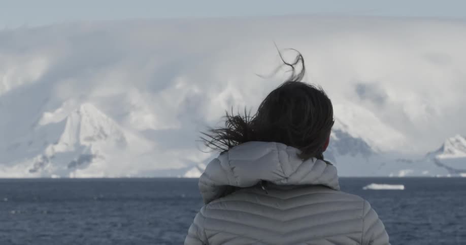 A woman's hair blows in the wind as she views a snow-covered landscape