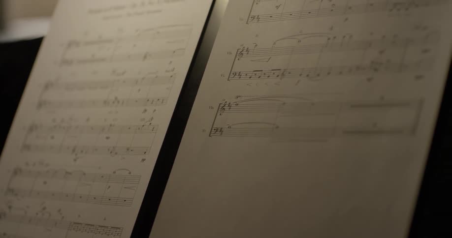 Sheet music is set above a piano
