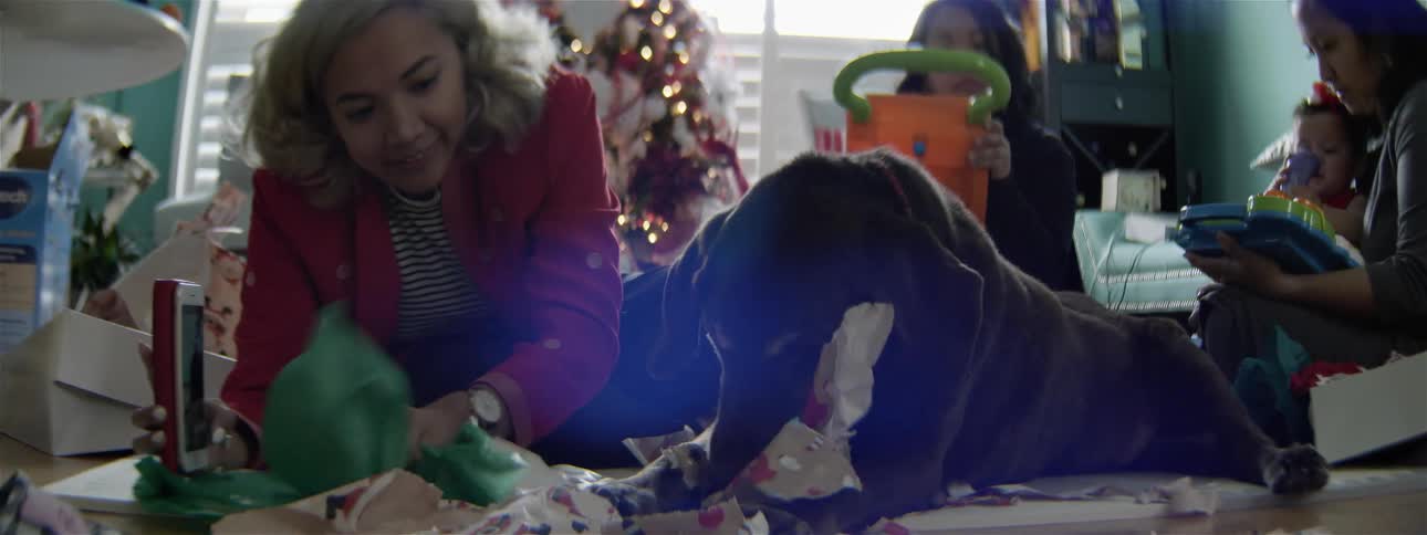 Woman holding wrapping paper up and a dog chews on it
