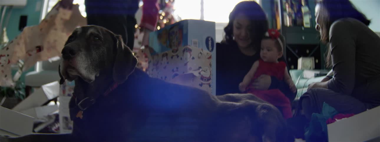 A dog sits near a family unwrapping christmas presents
