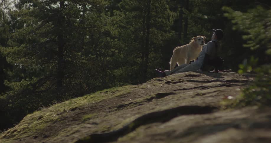 A man sits on a rock with his dog