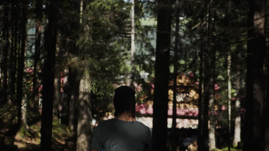 A woman is walking toward a cabin in a forested area