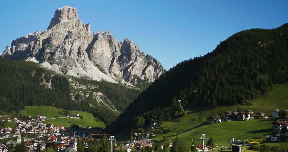 A village sits nestled in a mountain valley under blue skies
