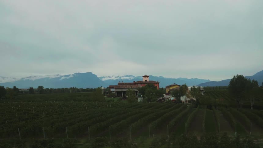 Vineyards stretch out in front of a winery in a mountainous landscape