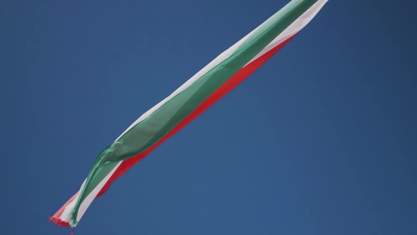 A red white and green flag breezes in the air