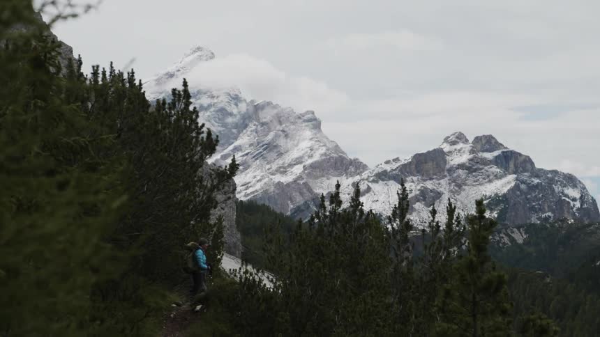 A hiker looks out at the forest and mountains