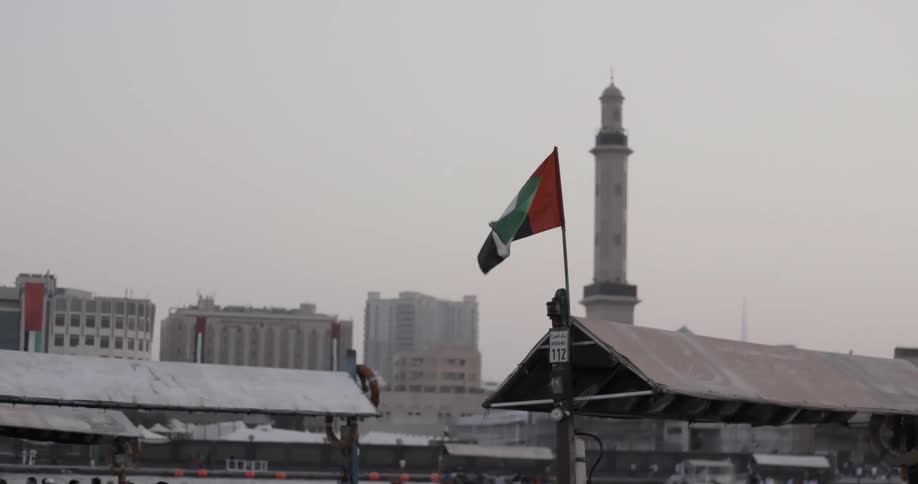 Flag blowing in the wind on top of a train station