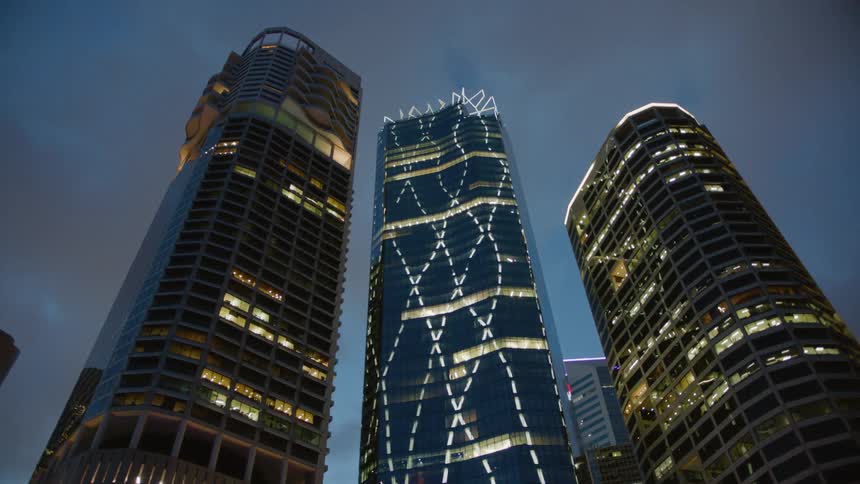 City buildings at dusk on a cloudy day