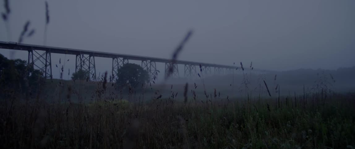 View of a bridge over grassy plains on a foggy day