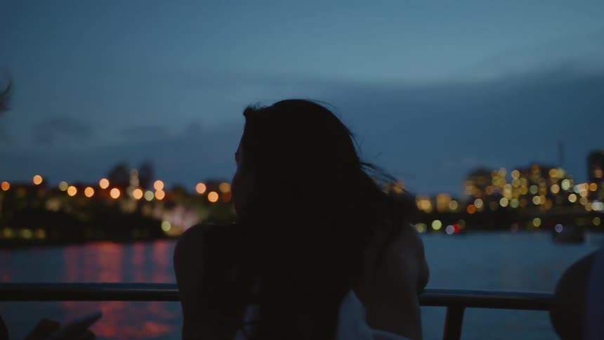 A female tourist leans on a boat's rail as it tours a harbor at dusk