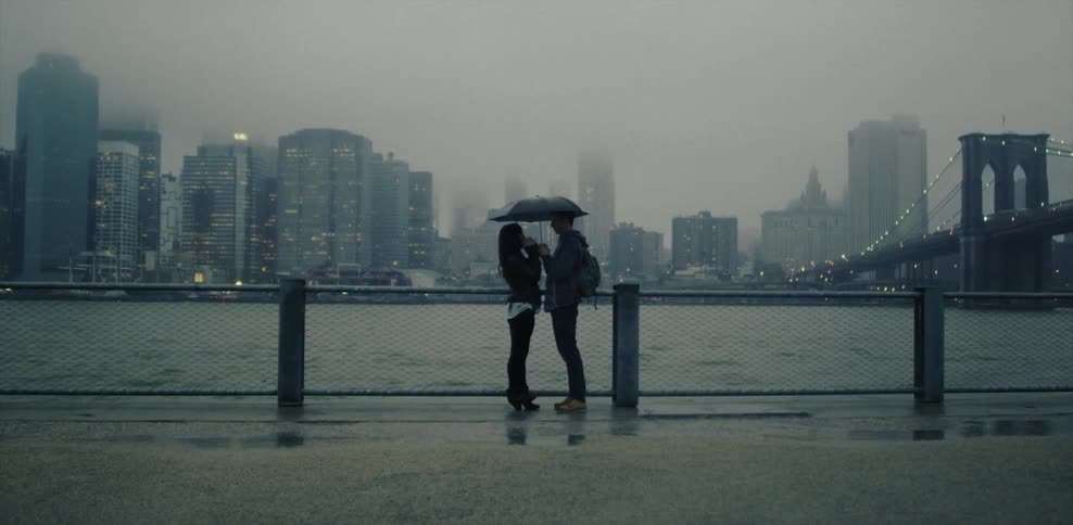 A couple stand under an umbrella on a rainy day near a city harbor