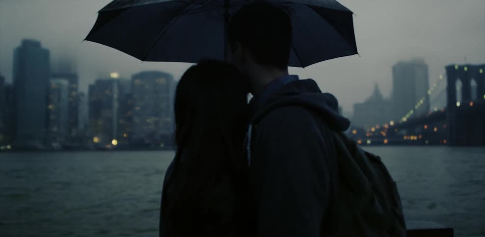 A couple share an umbrella while looking out at the city