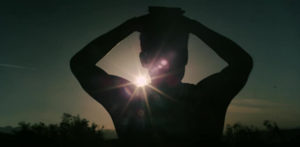 A man puts his hands on his head and stares toward the sun