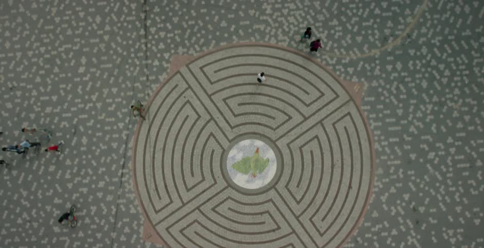 Overlooking designs on the ground and people walking