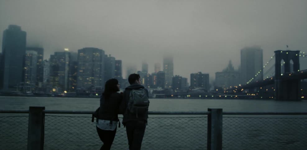 A man and woman take in the view of a city from across the bay on an overcast day
