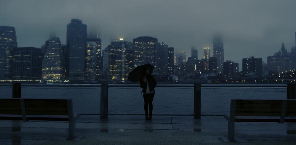 Woman holding an umbrella stands in front of a river and city