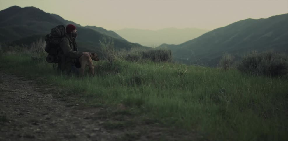 Man wearing a pack pets a dog in tall grass