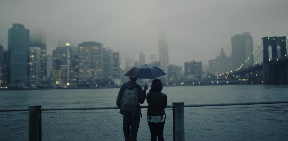 Man and woman holding an umbrella look out at a river