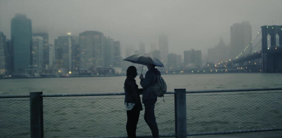Two people stand beneath an umbrella while looking at city buildings in the distance