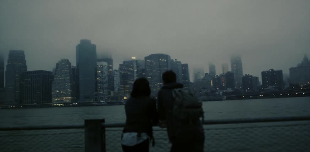 A couple lean against a fence and look out at a foggy city