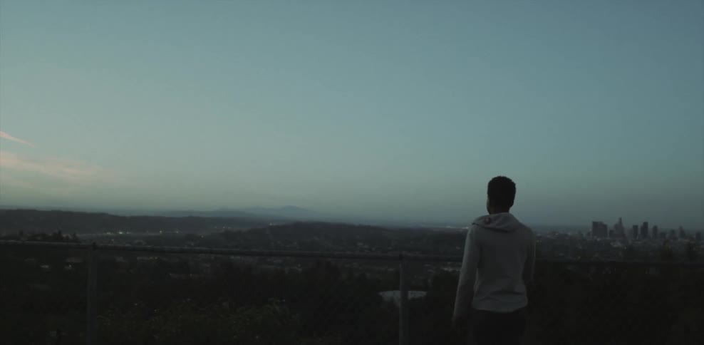 A woman stands at a fence overlooking an urban valley during at dusk