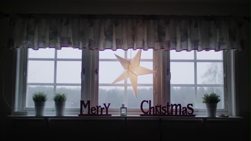 A star and a merry christmas sign sit in a window