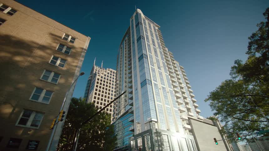 A city building towers overhead