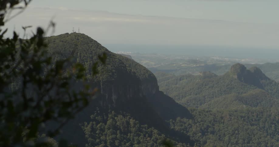A mountain valley is covered with trees on a sunny day