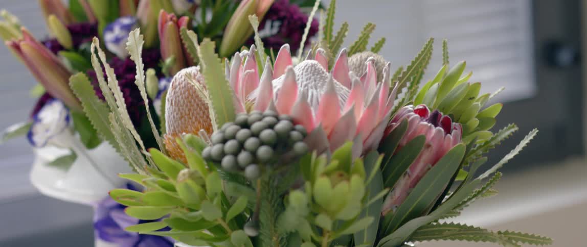 Multi-colored plants and flowers sit in a pot