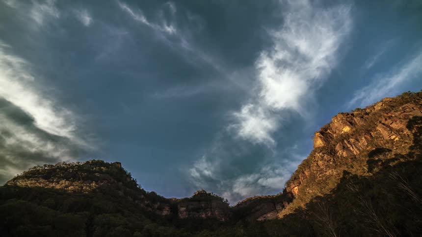 Time lapse of a cloudy sky moving rapidly over mountains