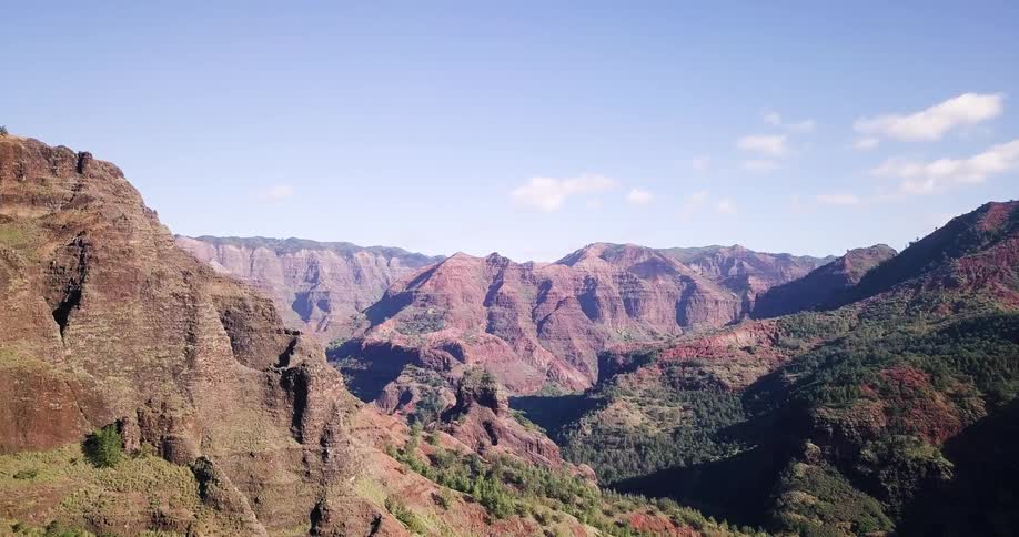 The canyons ahead are covered with partial clouds