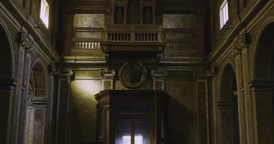 The interior of an ornate building is shown