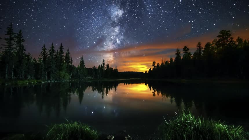 The Milky Way setting over a tree lined river