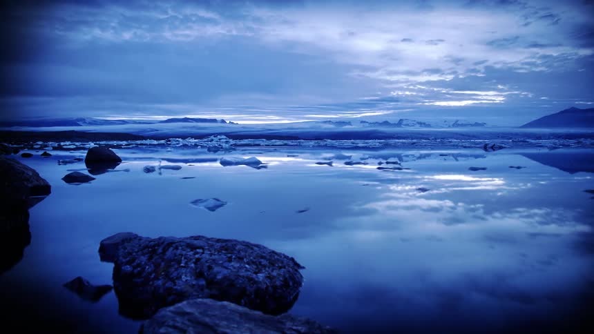 Ice floats on a large body of water