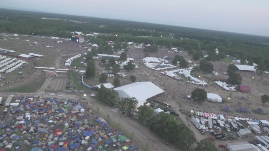 Buildings and tents fill up the grounds of a major concert festival