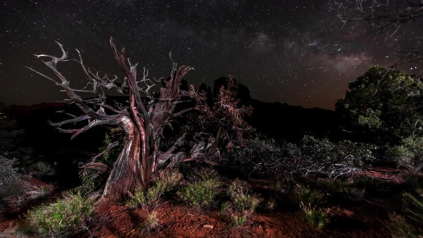 Stars move high past the hillside
