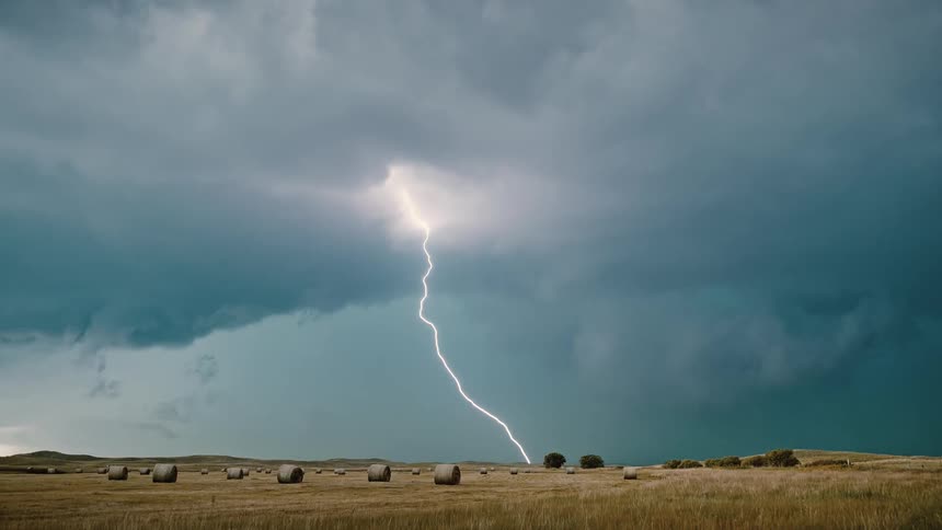 Hay bales in a field on a stormy day
