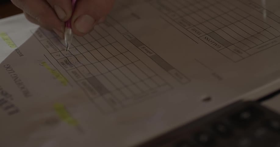 A person is filling out columns in a ledger with a pen
