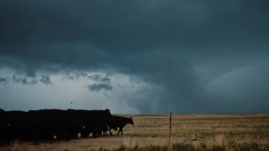 Storm clouds form and drop rain over a plain