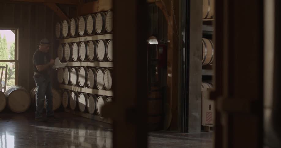 A man is checking paperwork while looking at a row of barrels in a distillery