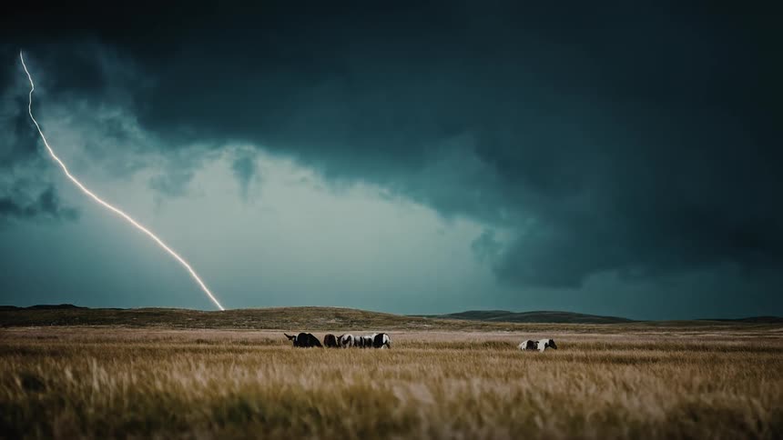 Lightning flashes over horses in a rural field
