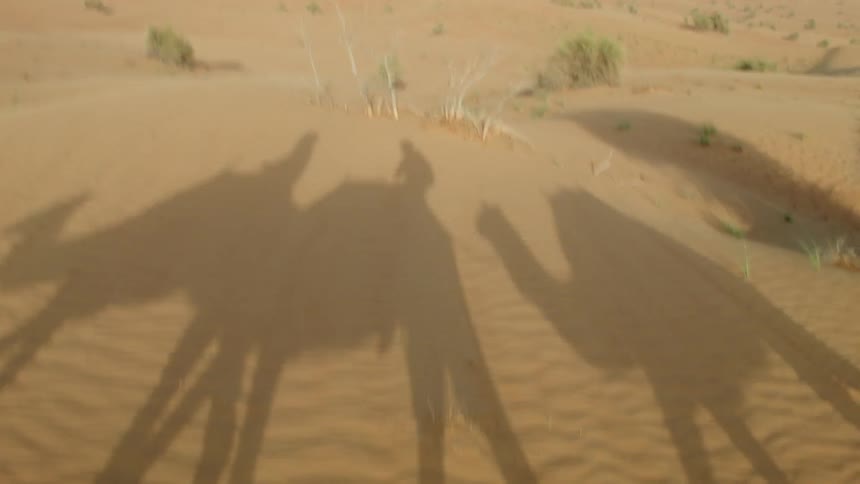 The shadows of people riding camels are in the sand