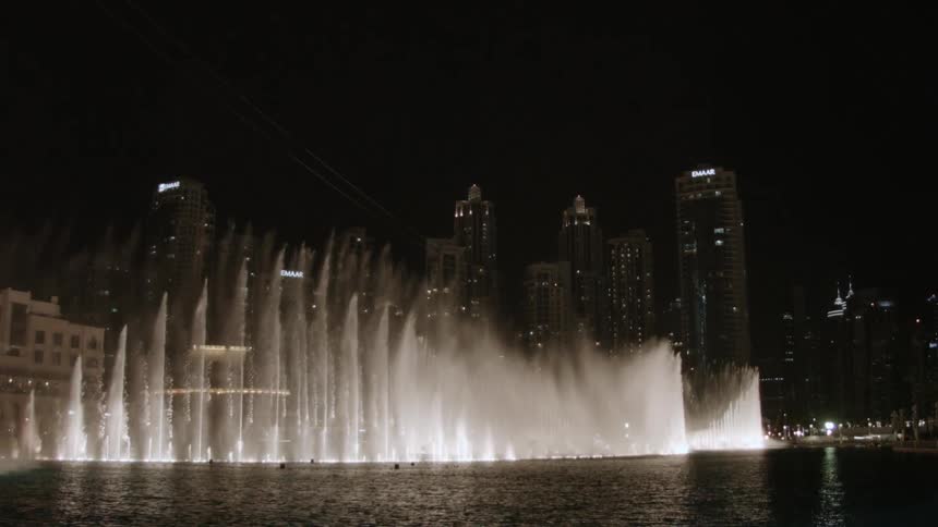 Water erupts into the night sky at the bellagio fountain